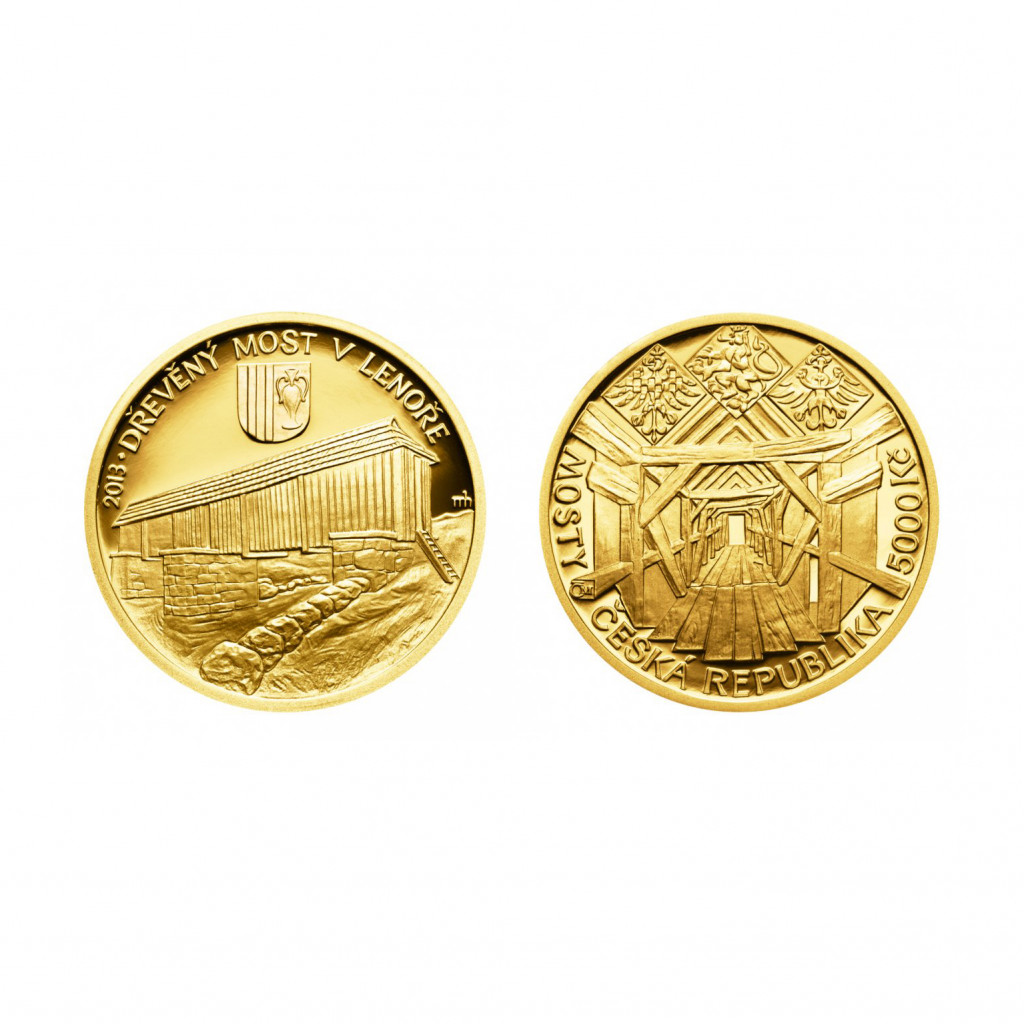 Zlatá mince 5000 Kč Dřevěný most v Lenoře, 2013, Proof